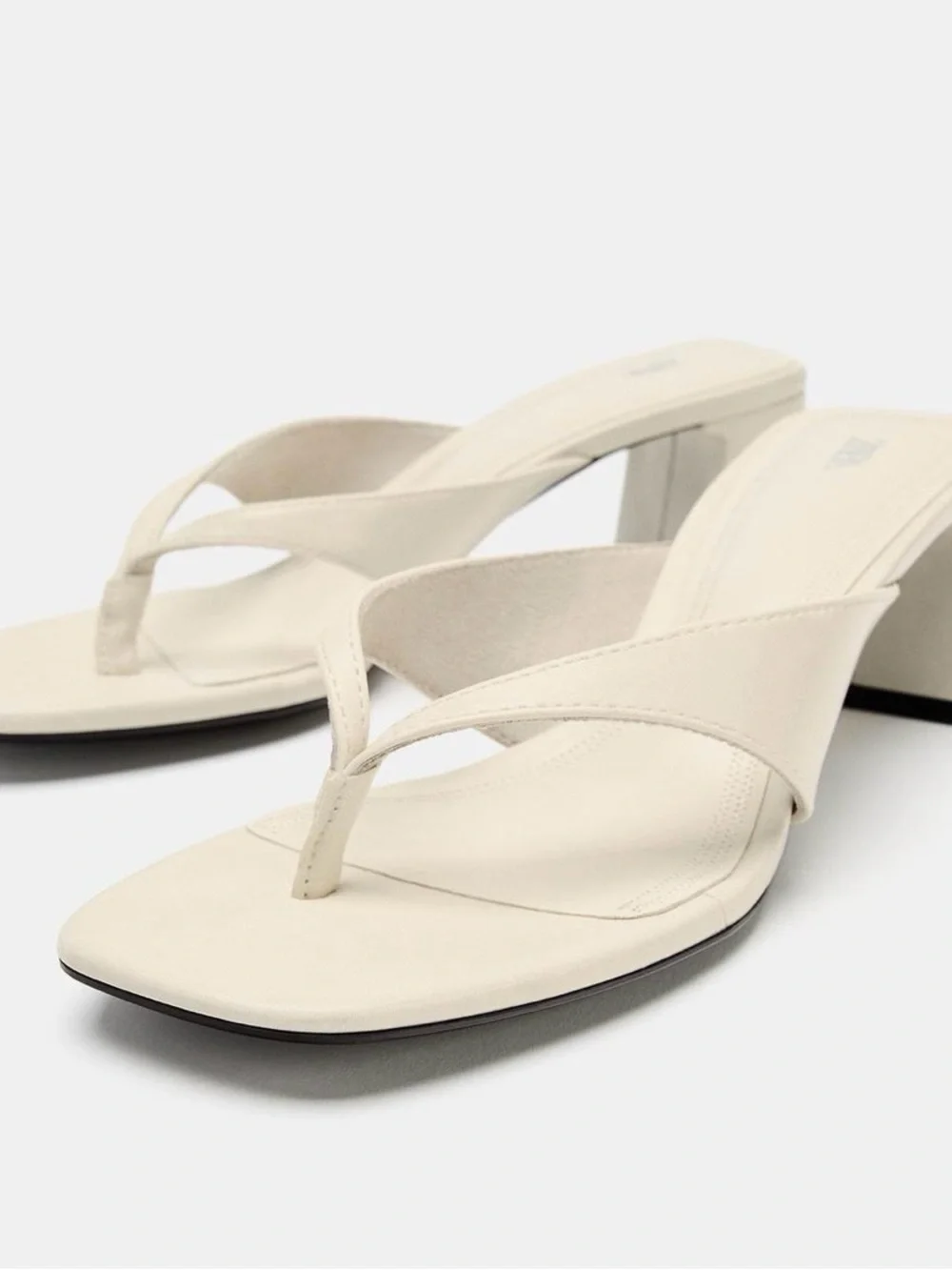Zara Cream Square-Toe Thong Block Heel Sandals